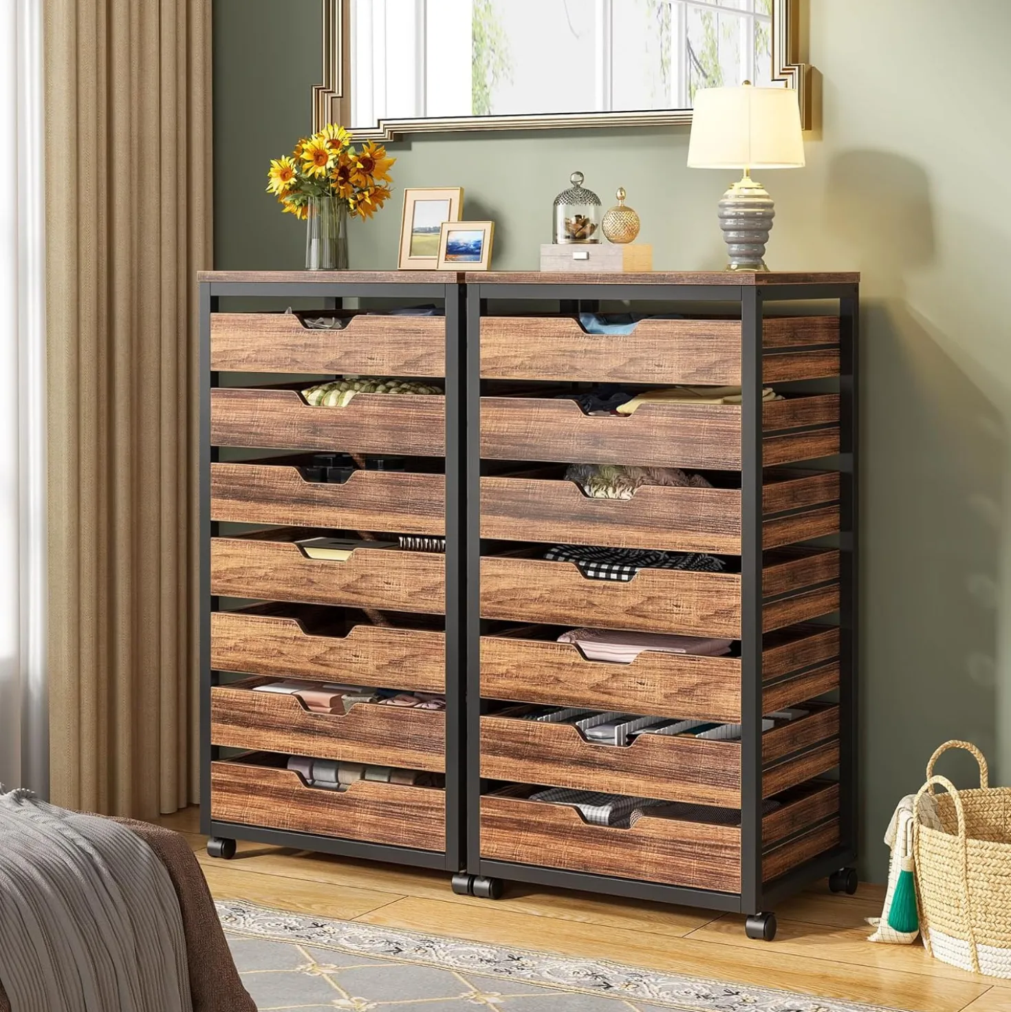 5-Drawer File Cabinet, Wood Mobile Storage Drawer Unit Industrial Office Cabinet with Drawers & Wheels