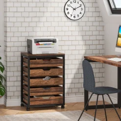 5-Drawer File Cabinet, Wood Mobile Storage Drawer Unit Industrial Office Cabinet with Drawers & Wheels