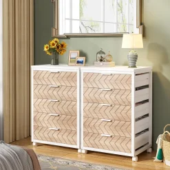 5-Drawer File Cabinet, Wood Mobile Storage Drawer Unit Industrial Office Cabinet with Drawers & Wheels