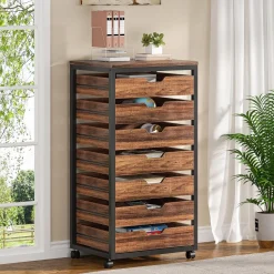 5-Drawer File Cabinet, Wood Mobile Storage Drawer Unit Industrial Office Cabinet with Drawers & Wheels