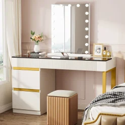 4-Drawer Makeup Vanity, Modern Dressing Table with Glass Desktop(Without Mirror)