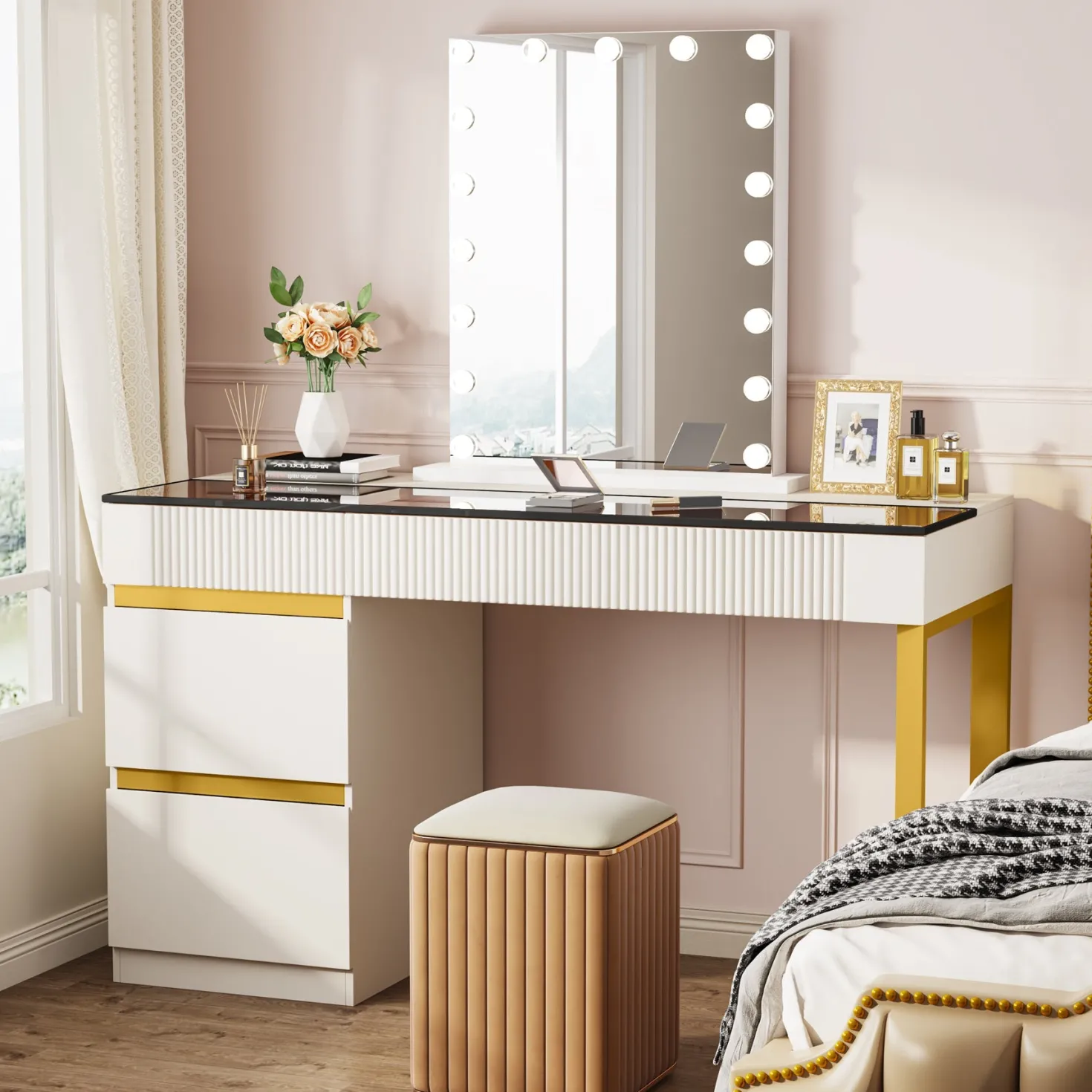 4-Drawer Makeup Vanity, Modern Dressing Table with Glass Desktop(Without Mirror)