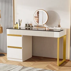 4-Drawer Makeup Vanity, Modern Dressing Table with Glass Desktop(Without Mirror)
