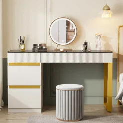 4-Drawer Makeup Vanity, Modern Dressing Table with Glass Desktop(Without Mirror)