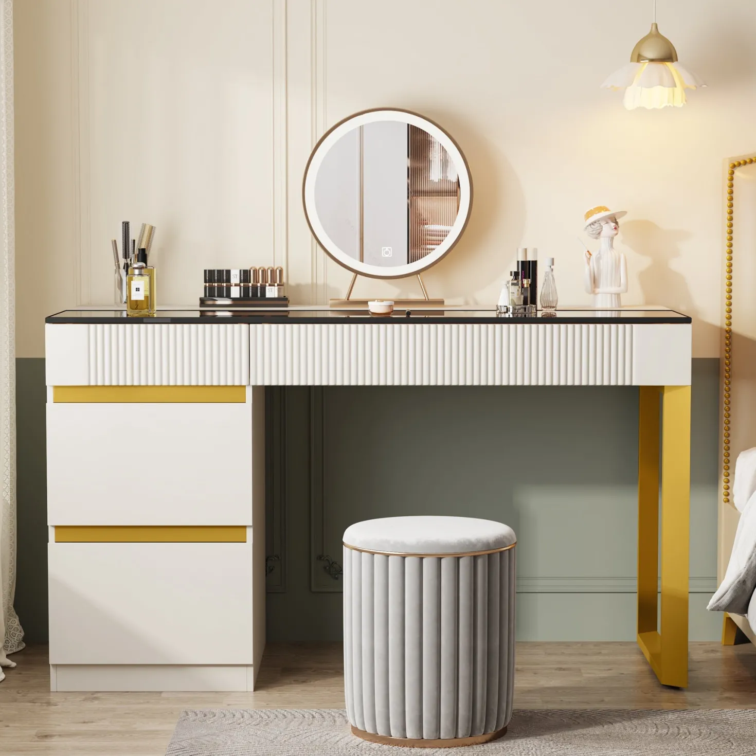 4-Drawer Makeup Vanity, Modern Dressing Table with Glass Desktop(Without Mirror)