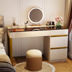 4-Drawer Makeup Vanity, Modern Dressing Table with Glass Desktop(Without Mirror)