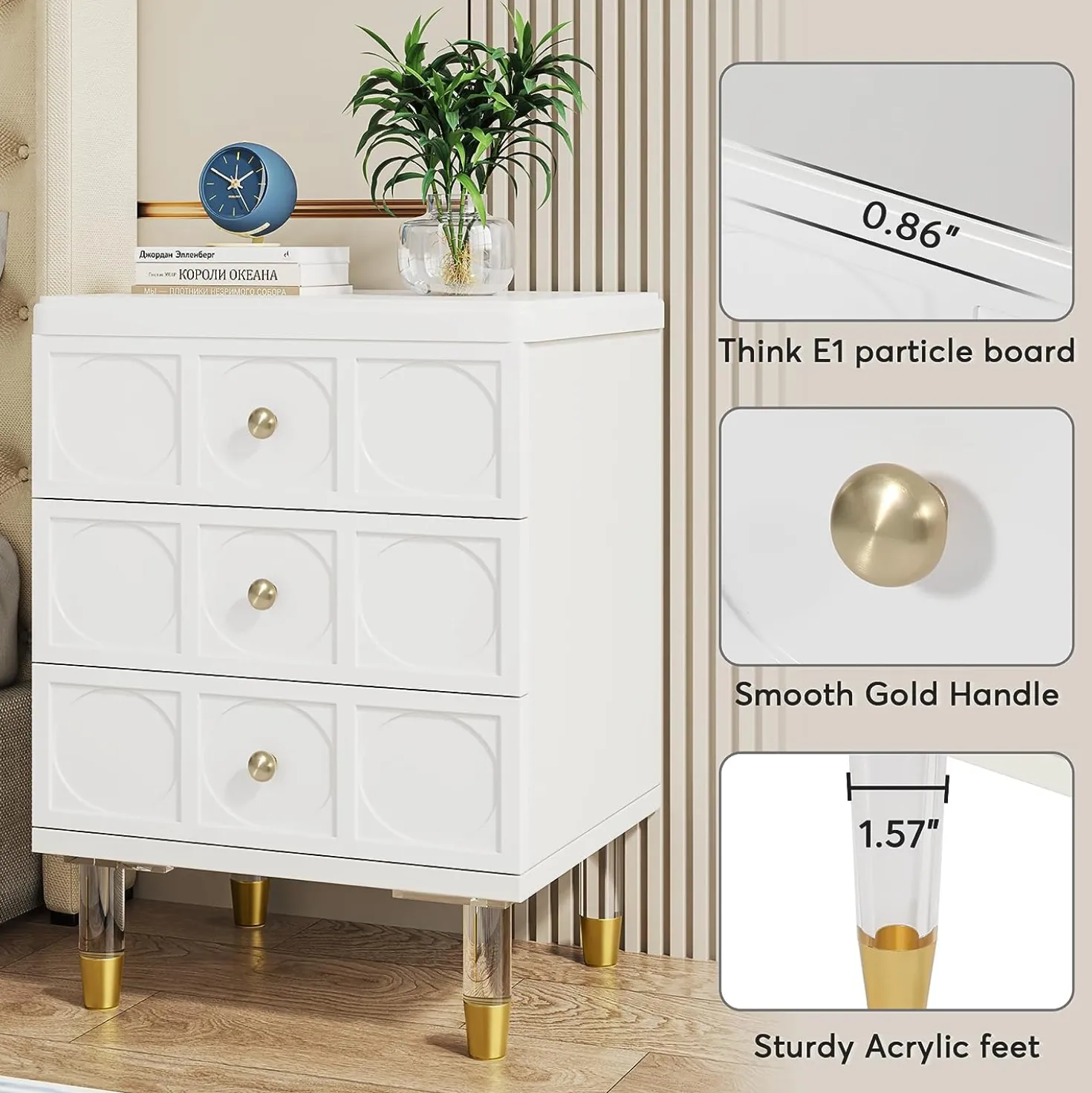 3-Drawer Nightstand Bedside Table with Acrylic Metal Legs