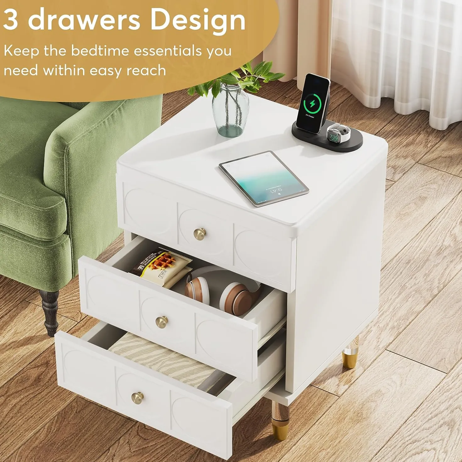 3-Drawer Nightstand Bedside Table with Acrylic Metal Legs