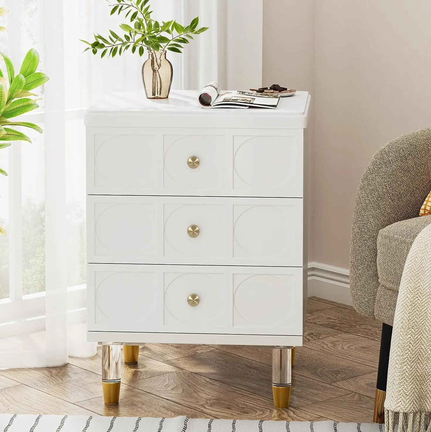 3-Drawer Nightstand Bedside Table with Acrylic Metal Legs