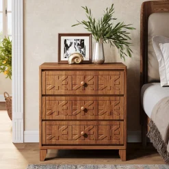 3-Drawer Nightstand, Farmhouse Bedside Table with Elegant Patterns