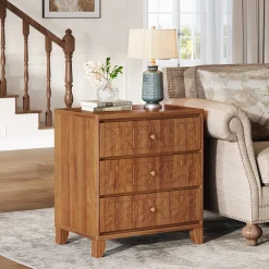 3-Drawer Nightstand, Farmhouse Bedside Table with Elegant Patterns