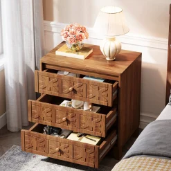 3-Drawer Nightstand, Farmhouse Bedside Table with Elegant Patterns