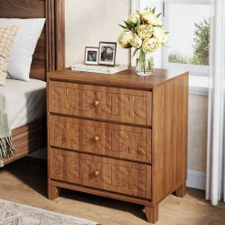 3-Drawer Nightstand, Farmhouse Bedside Table with Elegant Patterns