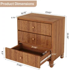 3-Drawer Nightstand, Farmhouse Bedside Table with Elegant Patterns