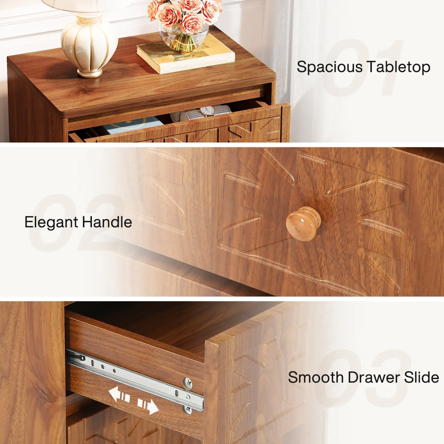 3-Drawer Nightstand, Farmhouse Bedside Table with Elegant Patterns