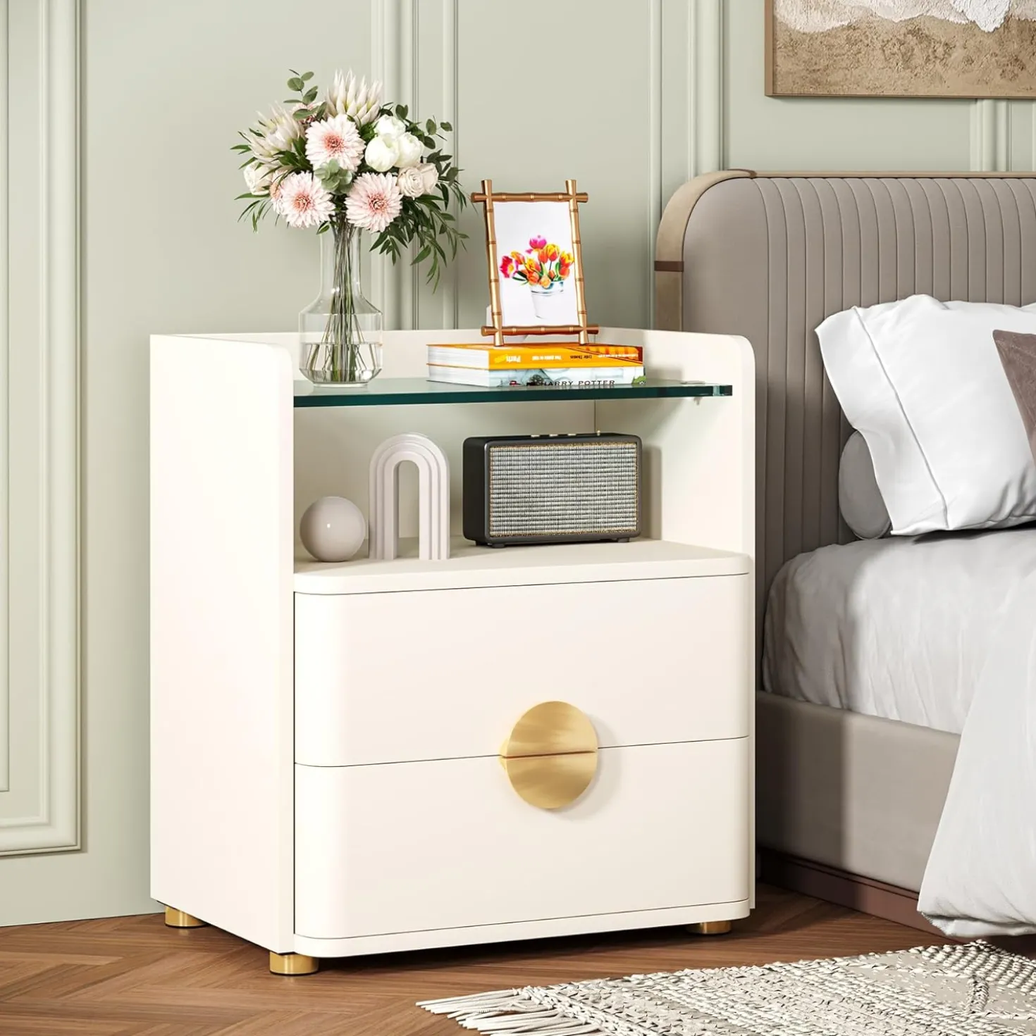 2-Drawer Nightstand, Modern Bedside Table with Open Storage