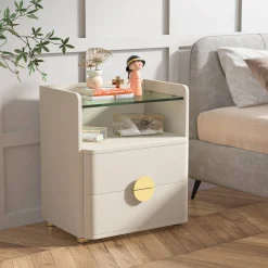 2-Drawer Nightstand, Modern Bedside Table with Open Storage