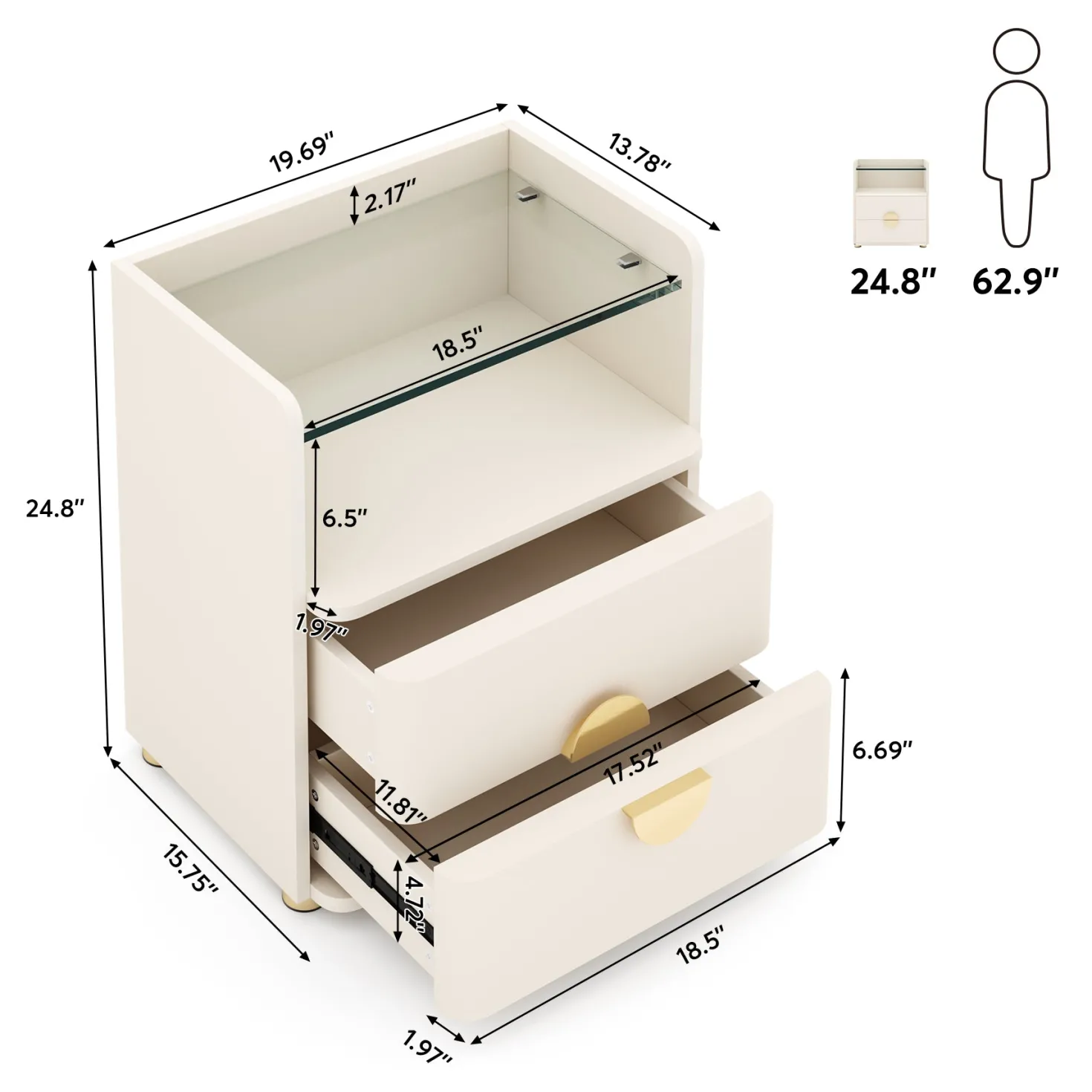 2-Drawer Nightstand, Modern Bedside Table with Open Storage