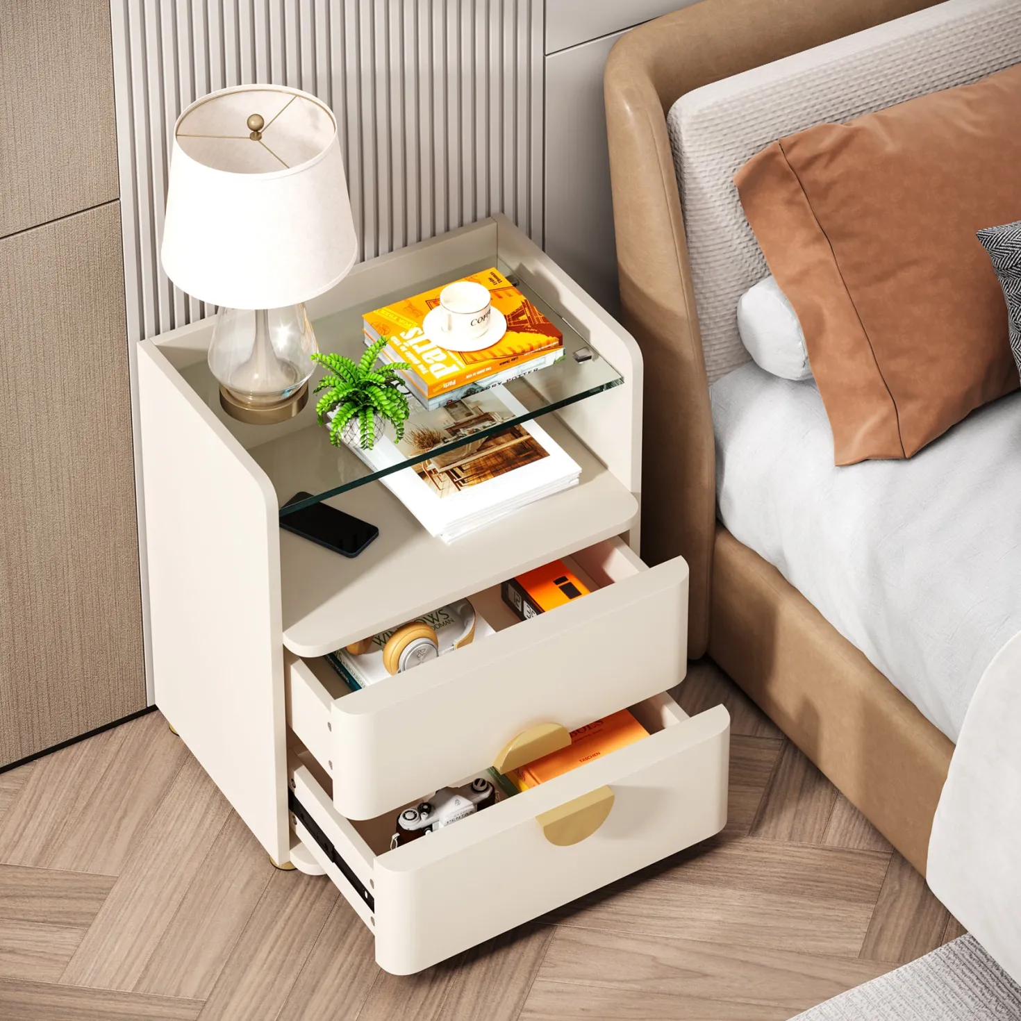 2-Drawer Nightstand, Modern Bedside Table with Open Storage
