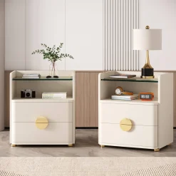 2-Drawer Nightstand, Modern Bedside Table with Open Storage