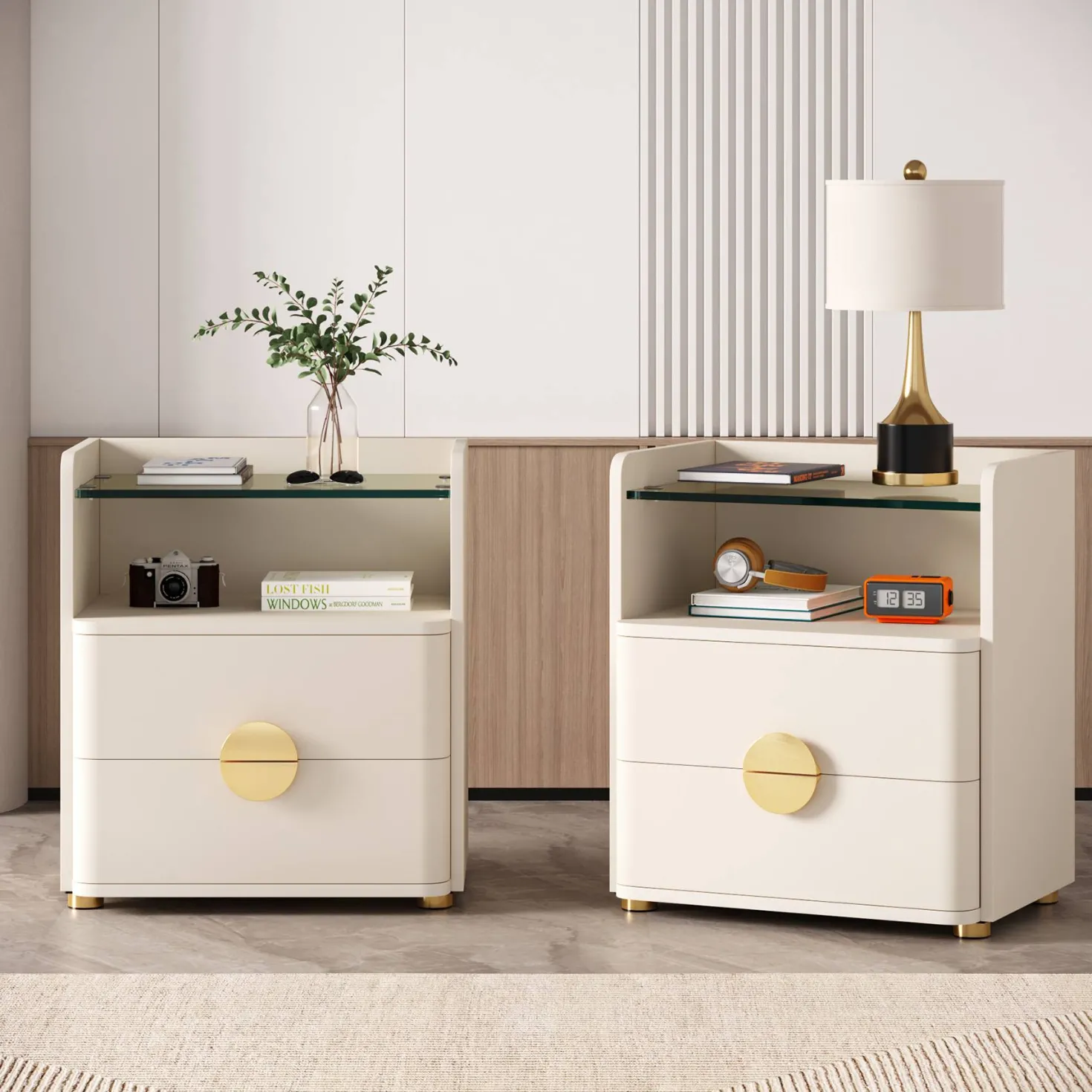 2-Drawer Nightstand, Modern Bedside Table with Open Storage