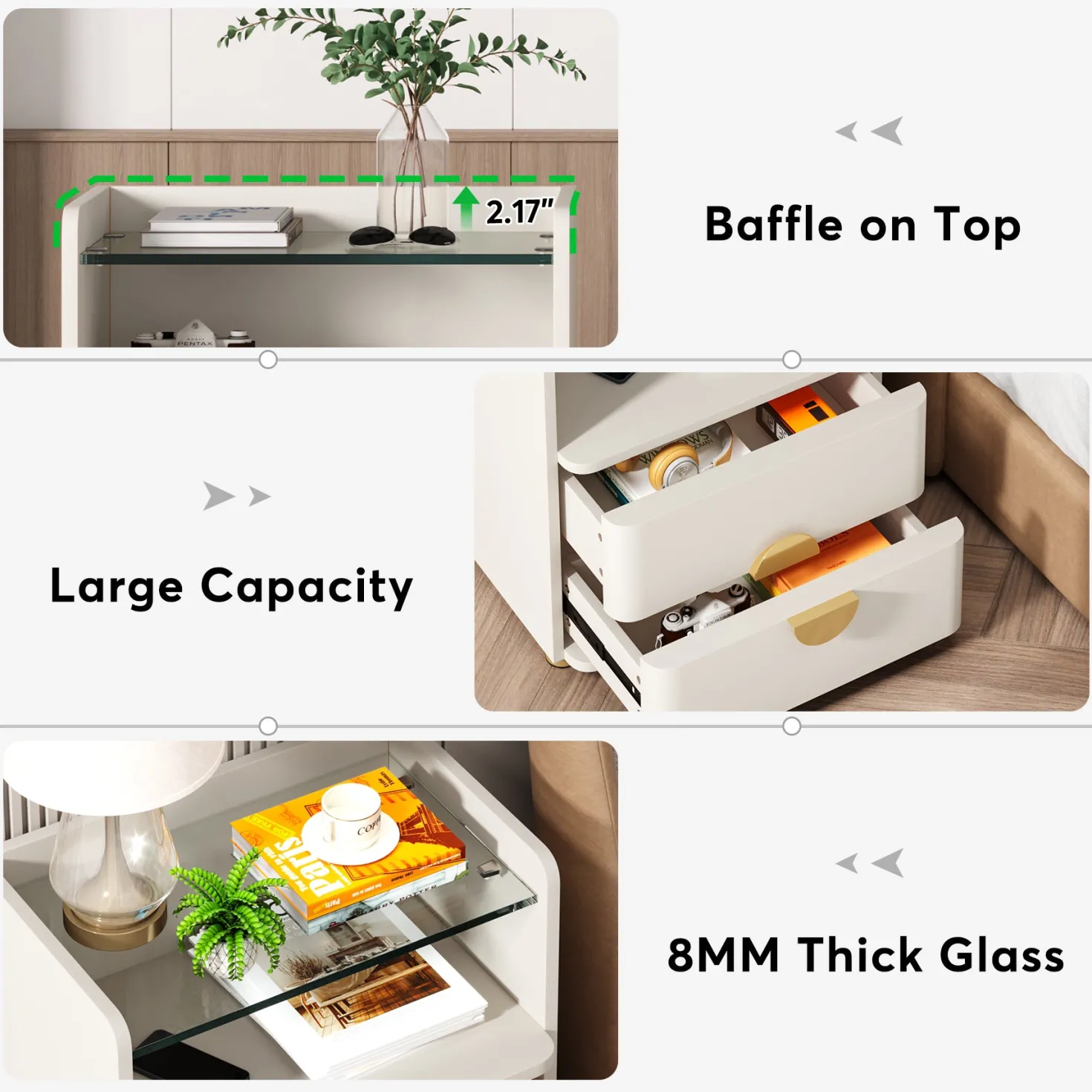 2-Drawer Nightstand, Modern Bedside Table with Open Storage
