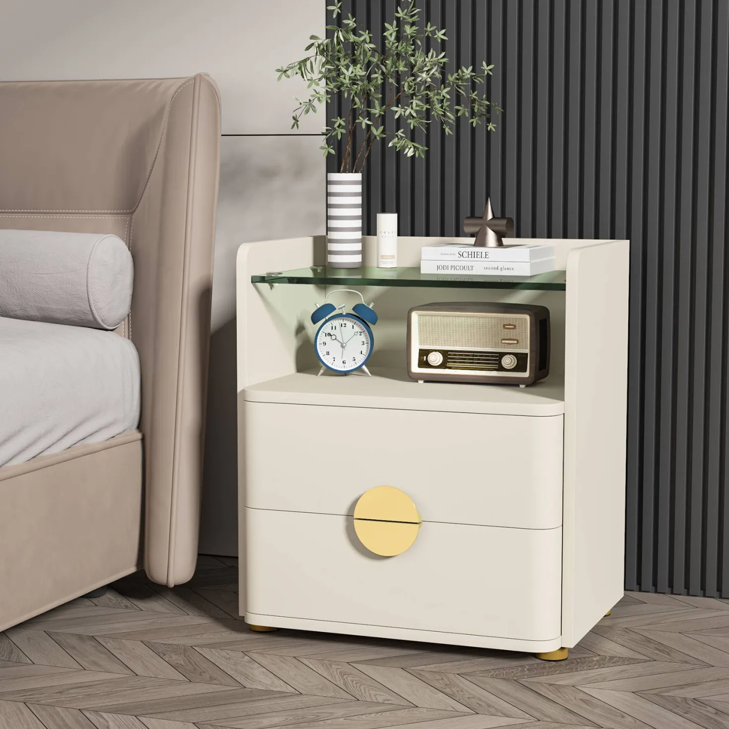 2-Drawer Nightstand, Modern Bedside Table with Open Storage