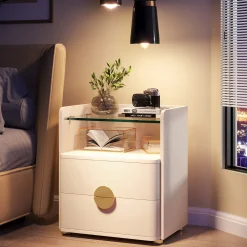 2-Drawer Nightstand, Modern Bedside Table with Open Storage