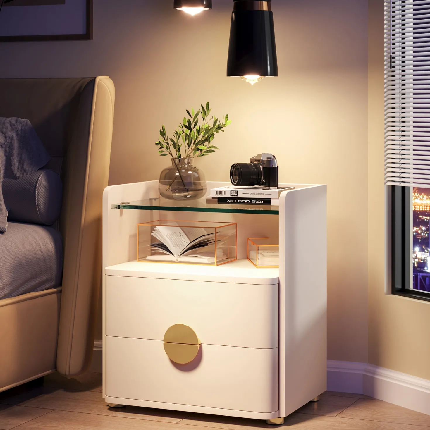 2-Drawer Nightstand, Modern Bedside Table with Open Storage