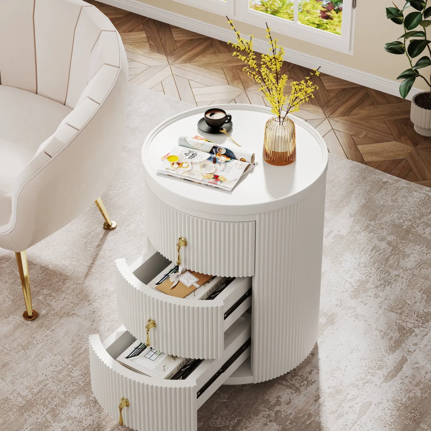 3-Drawer Nightstand, Round Side End Table with Storage (No Assembly Required)