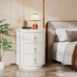 3-Drawer Nightstand, Round Side End Table with Storage (No Assembly Required)