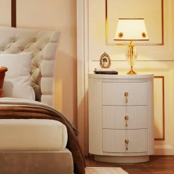 3-Drawer Nightstand, Round Side End Table with Storage (No Assembly Required)