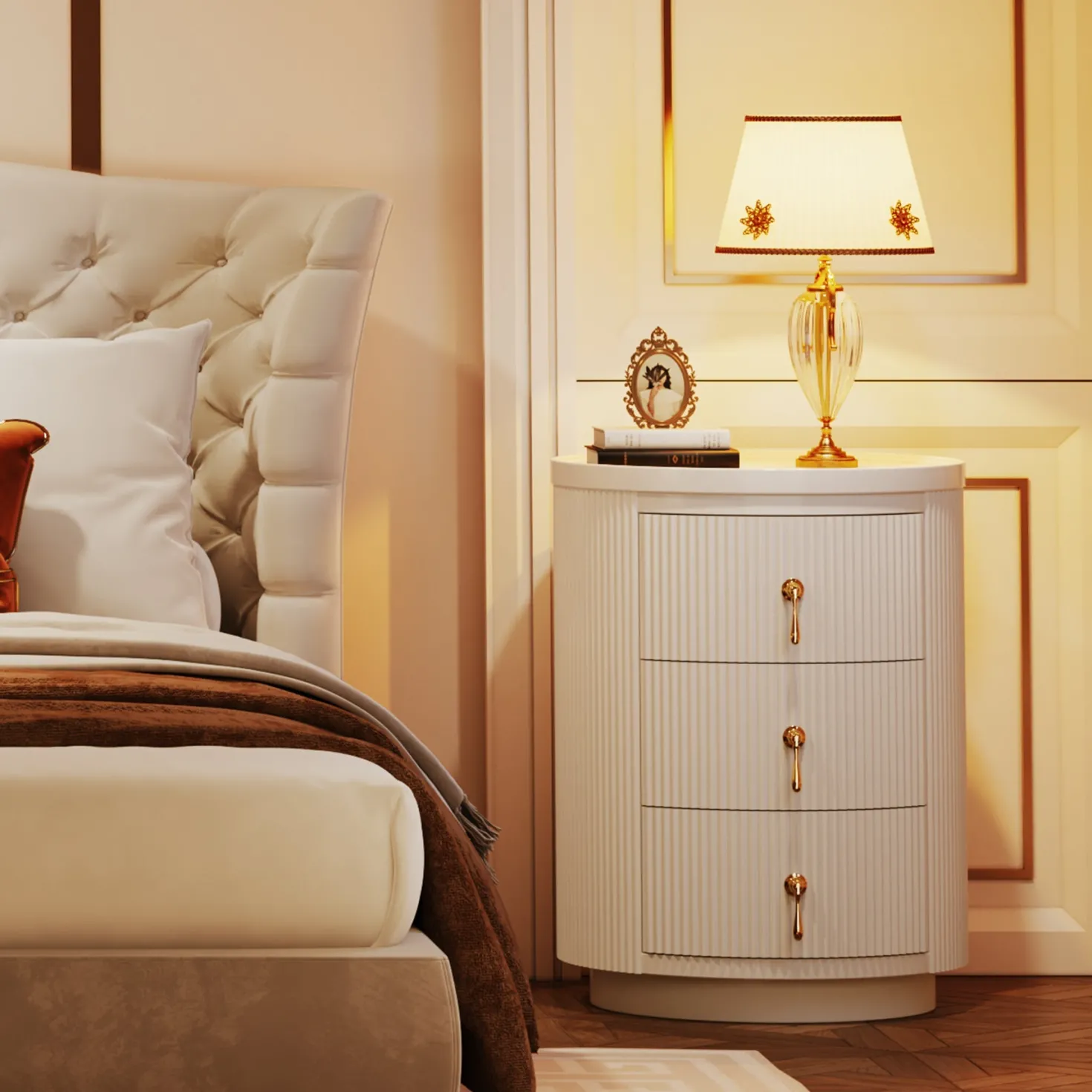 3-Drawer Nightstand, Round Side End Table with Storage (No Assembly Required)