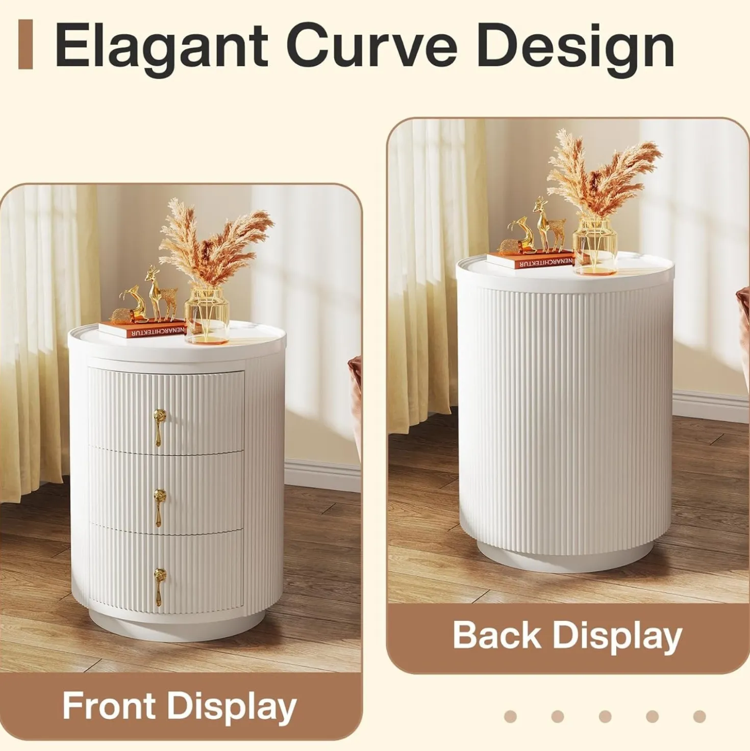 3-Drawer Nightstand, Round Side End Table with Storage (No Assembly Required)