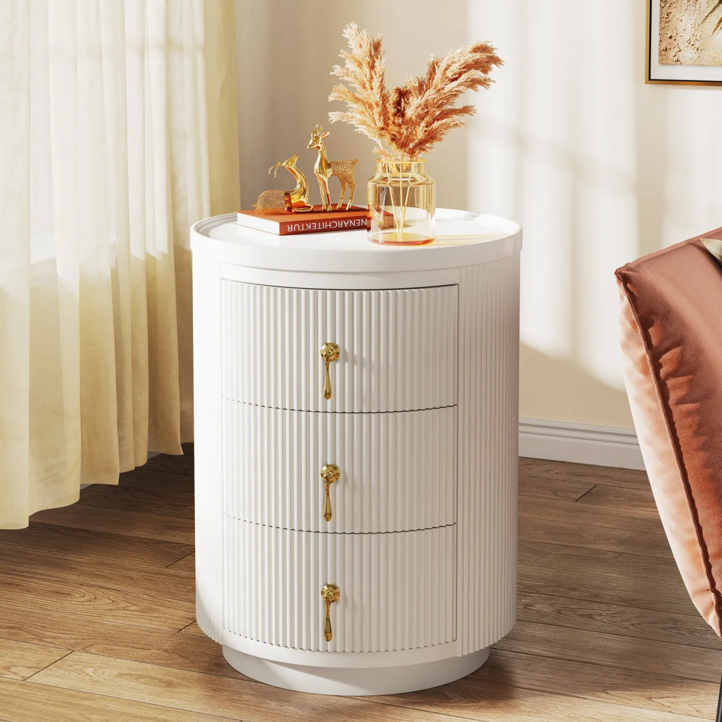 3-Drawer Nightstand, Round Side End Table with Storage (No Assembly Required)