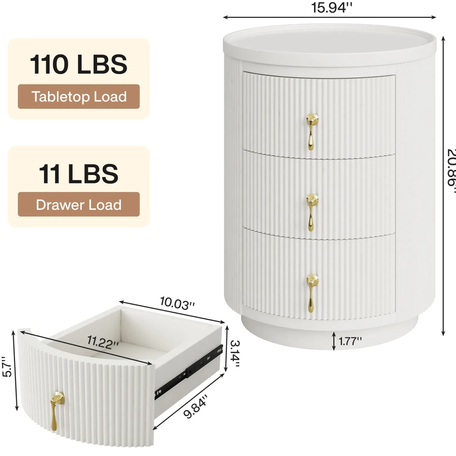 3-Drawer Nightstand, Round Side End Table with Storage (No Assembly Required)