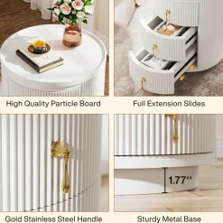 3-Drawer Nightstand, Round Side End Table with Storage (No Assembly Required)