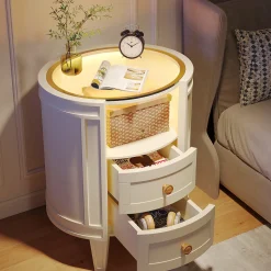 2-Drawer Nightstand with LED Light, Modern Side Table with Glass Tabletop
