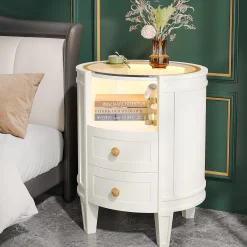 2-Drawer Nightstand with LED Light, Modern Side Table with Glass Tabletop