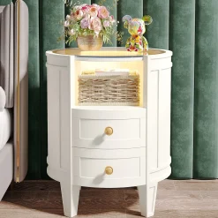 2-Drawer Nightstand with LED Light, Modern Side Table with Glass Tabletop