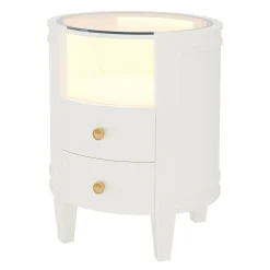 2-Drawer Nightstand with LED Light, Modern Side Table with Glass Tabletop