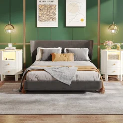 2-Drawer Nightstand with LED Light, Modern Side Table with Glass Tabletop