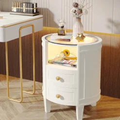2-Drawer Nightstand with LED Light, Modern Side Table with Glass Tabletop
