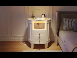2-Drawer Nightstand with LED Light, Modern Side Table with Glass Tabletop