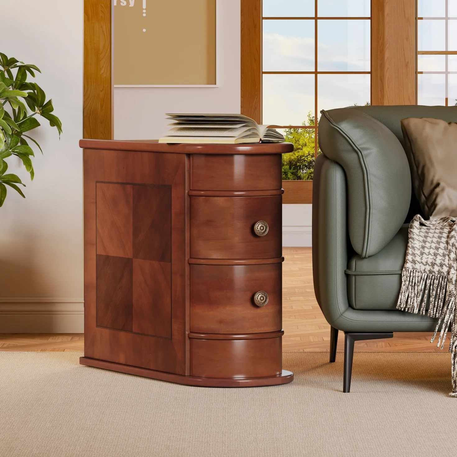2-Drawer Wood End Table, Narrow Side Table Nightstand, No Assembly Required