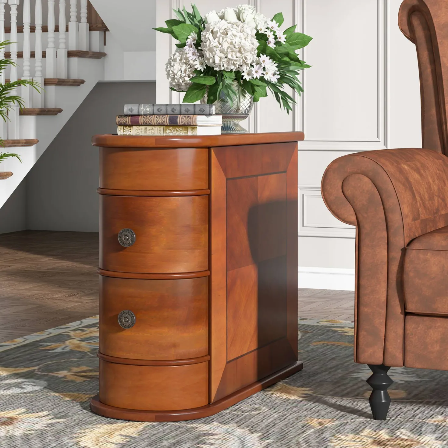 2-Drawer Wood End Table, Narrow Side Table Nightstand, No Assembly Required