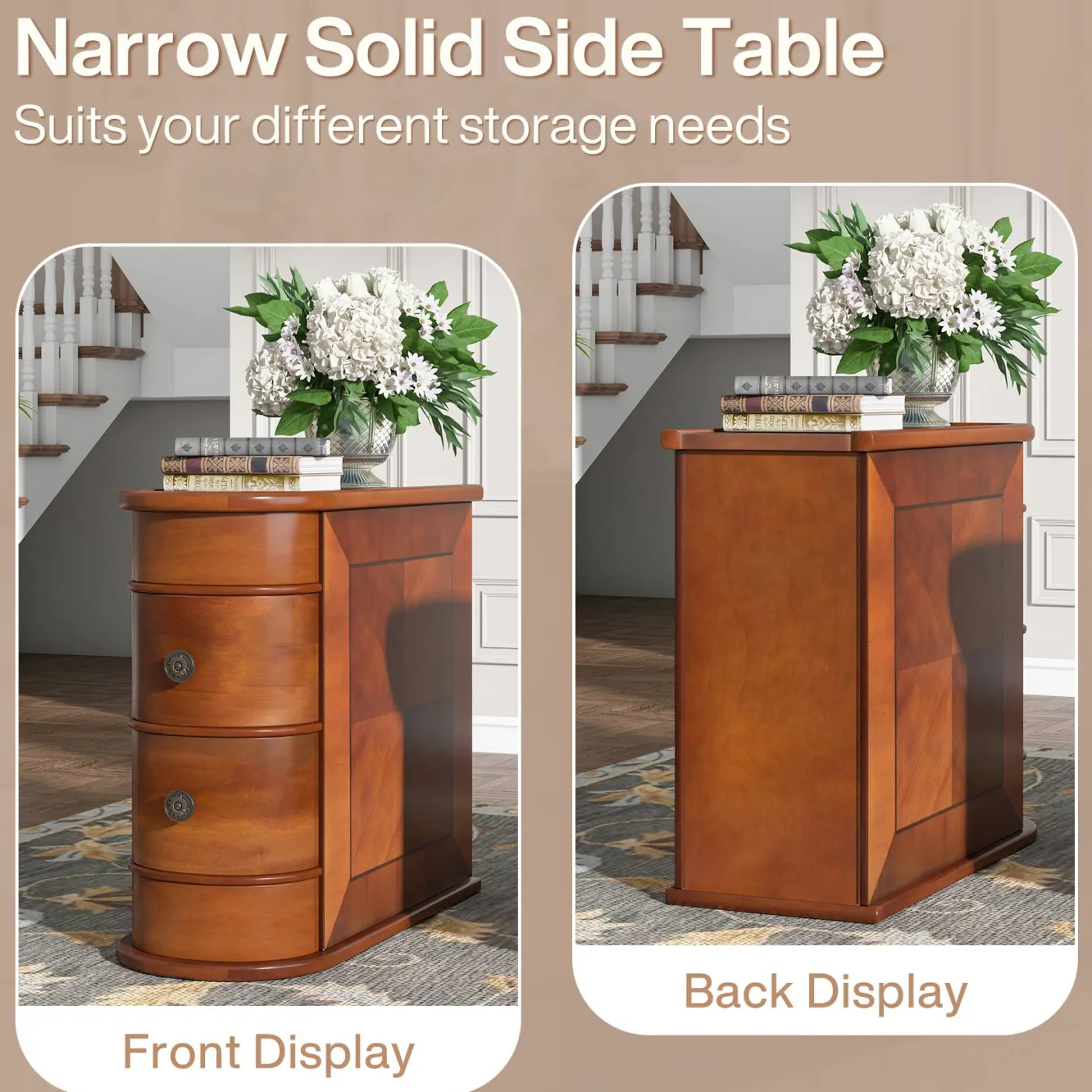 2-Drawer Wood End Table, Narrow Side Table Nightstand, No Assembly Required