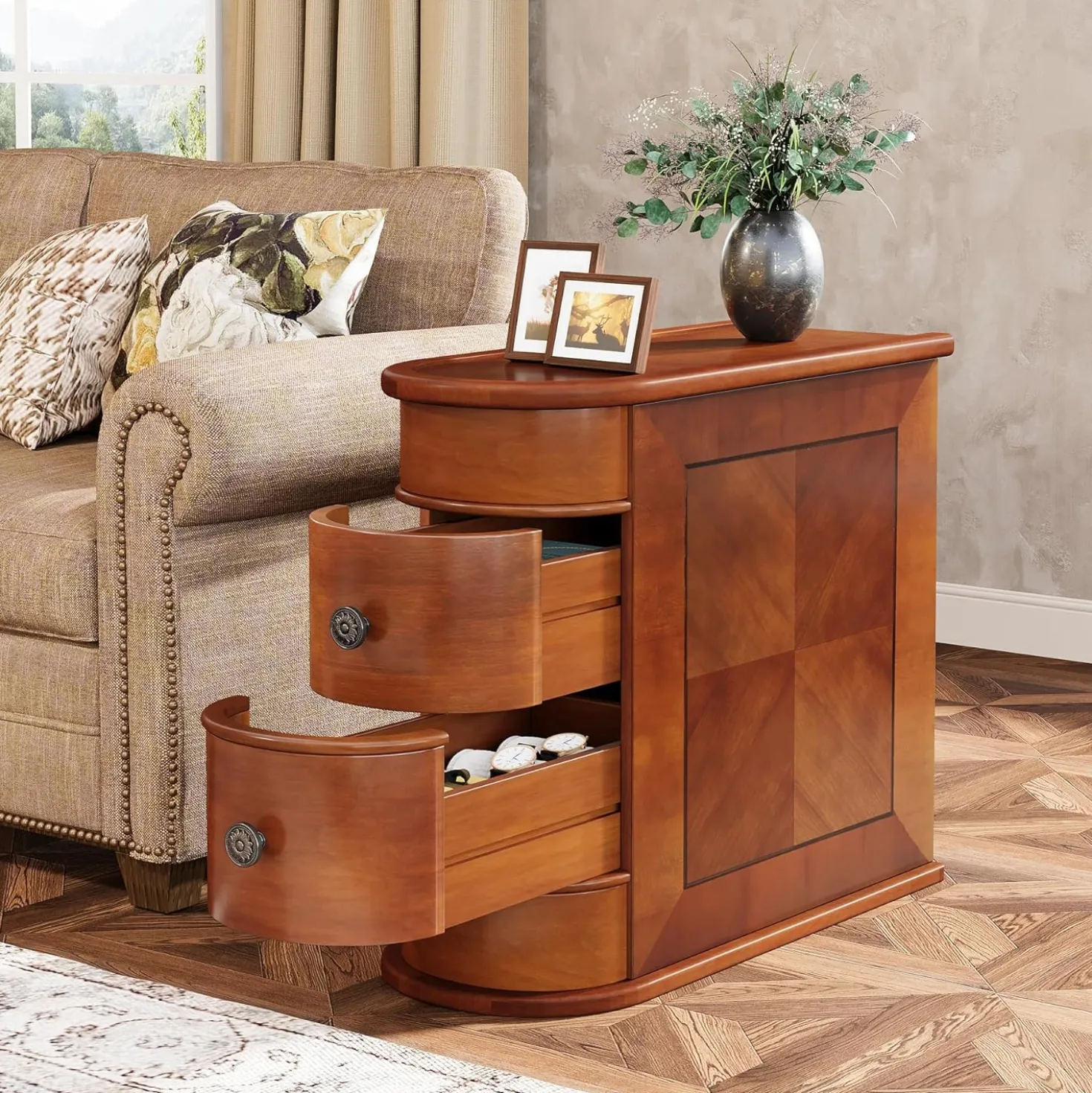 End Table with 2 Drawers, Sofa Side Table with Storage, No Assembly Required