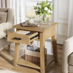 End Table with Drawer, 2 -Tier Wooden Side Table with Shelf Storage