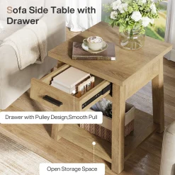 End Table with Drawer, 2 -Tier Wooden Side Table with Shelf Storage
